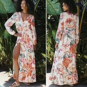 Maaji Luna Maxi Dress Womens Medium Anthropologie Floral Button Front Kimono